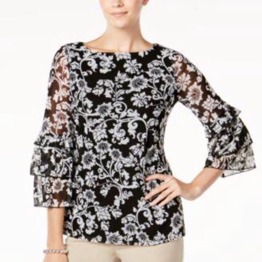 Charter Club Floral-Print Mesh Top Deep Black